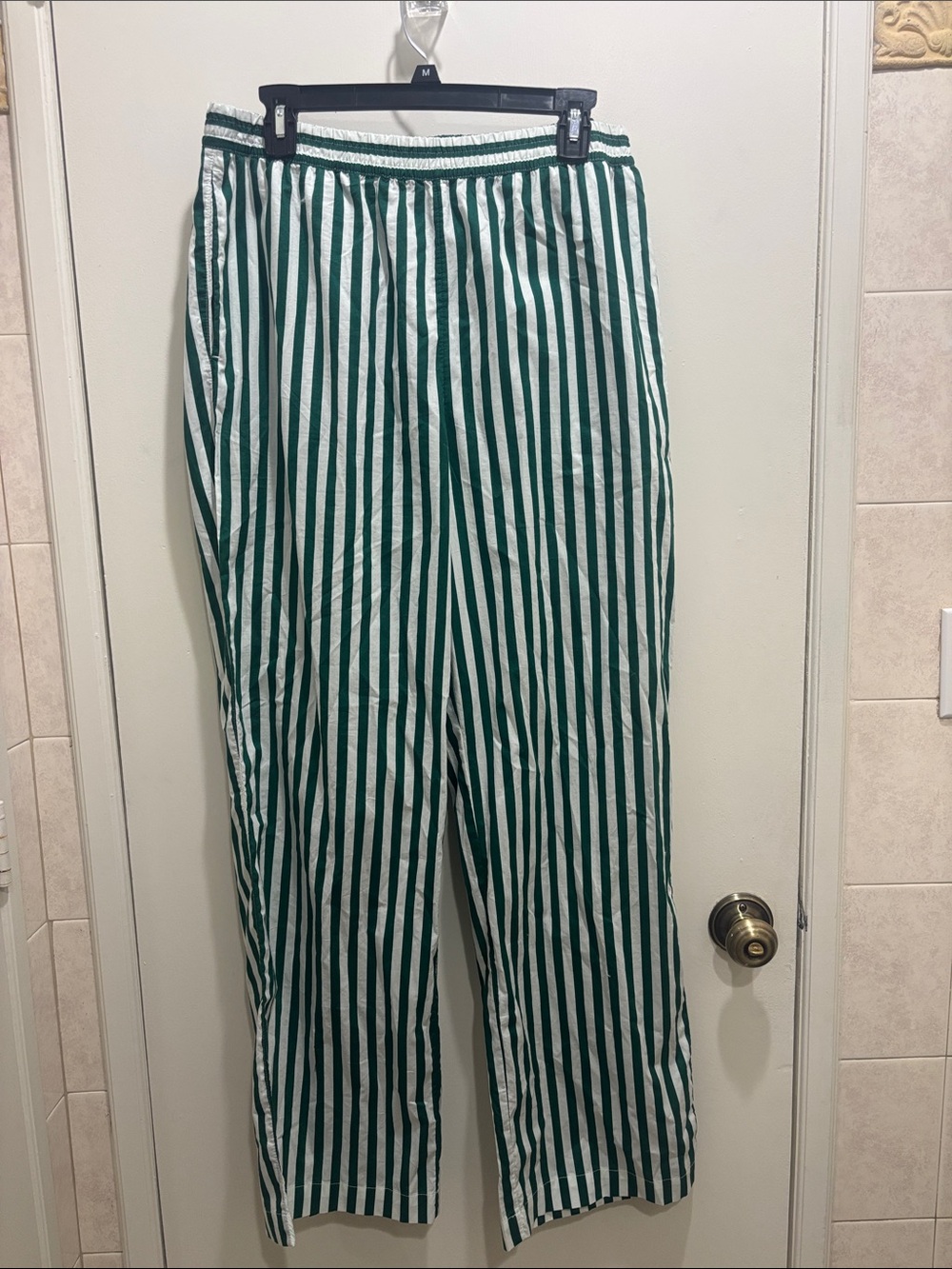 H&M Green and White Vertical Stripe Straight-Leg Pants